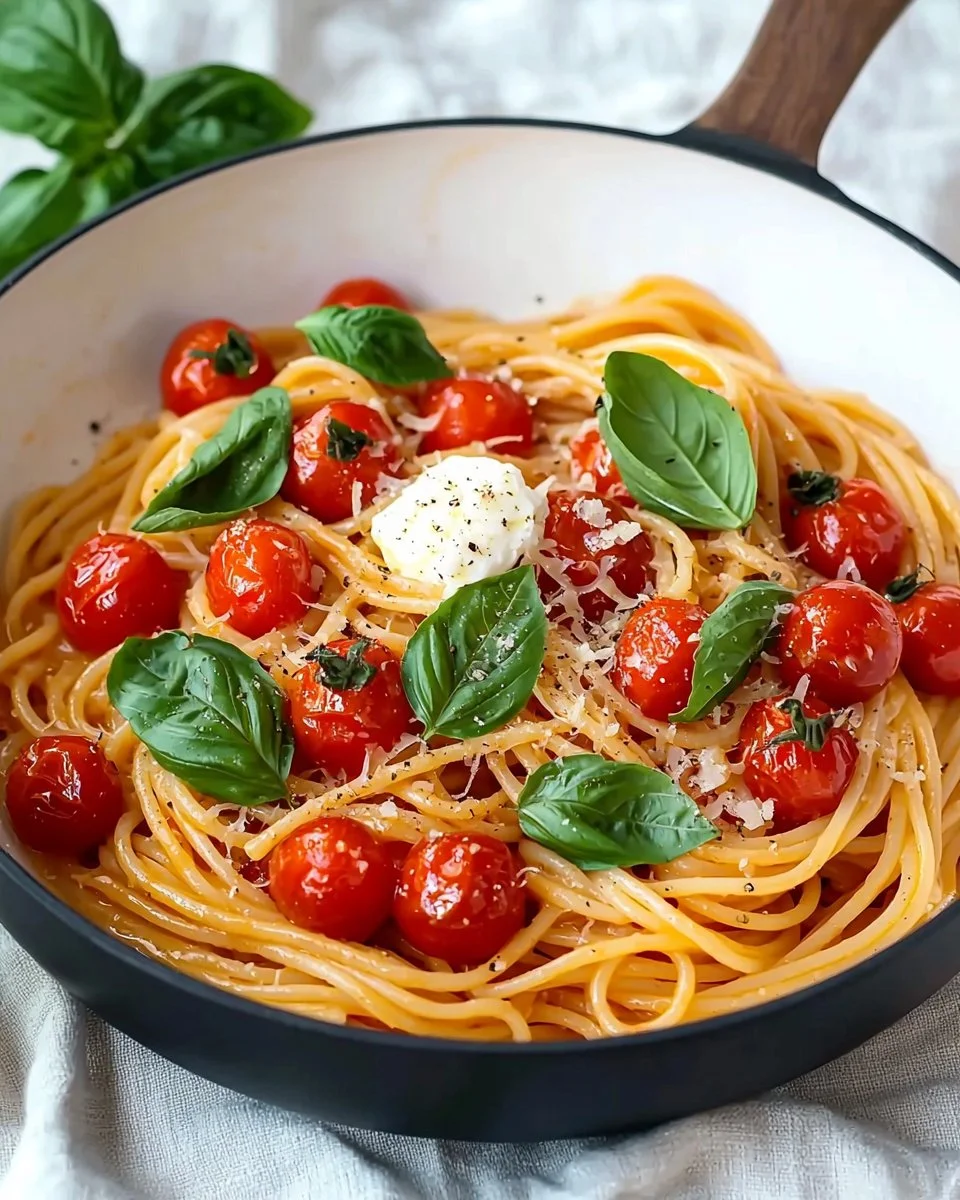 Bowl of cherry tomato pasta with fresh basil and parmesan cheese
