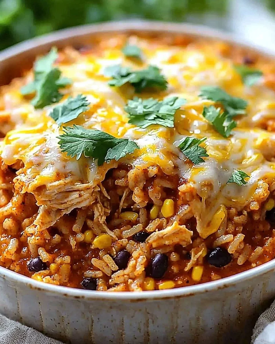 Layered chicken enchilada rice casserole topped with cheese and jalapenos