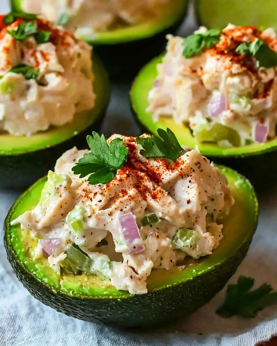 Delicious chicken salad stuffed avocado on a plate, garnished with herbs.