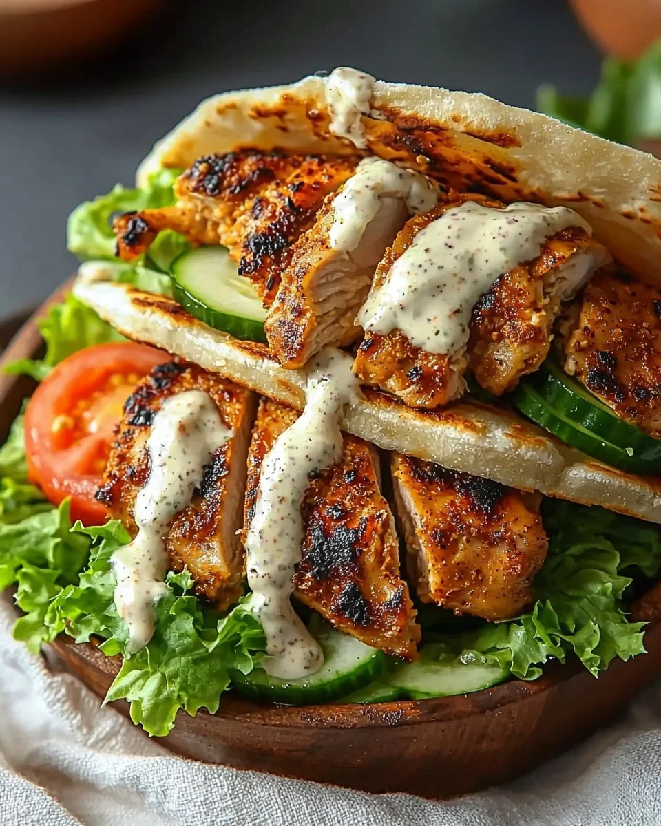 Delicious Chicken Shawarma drizzled with garlic sauce on a plate