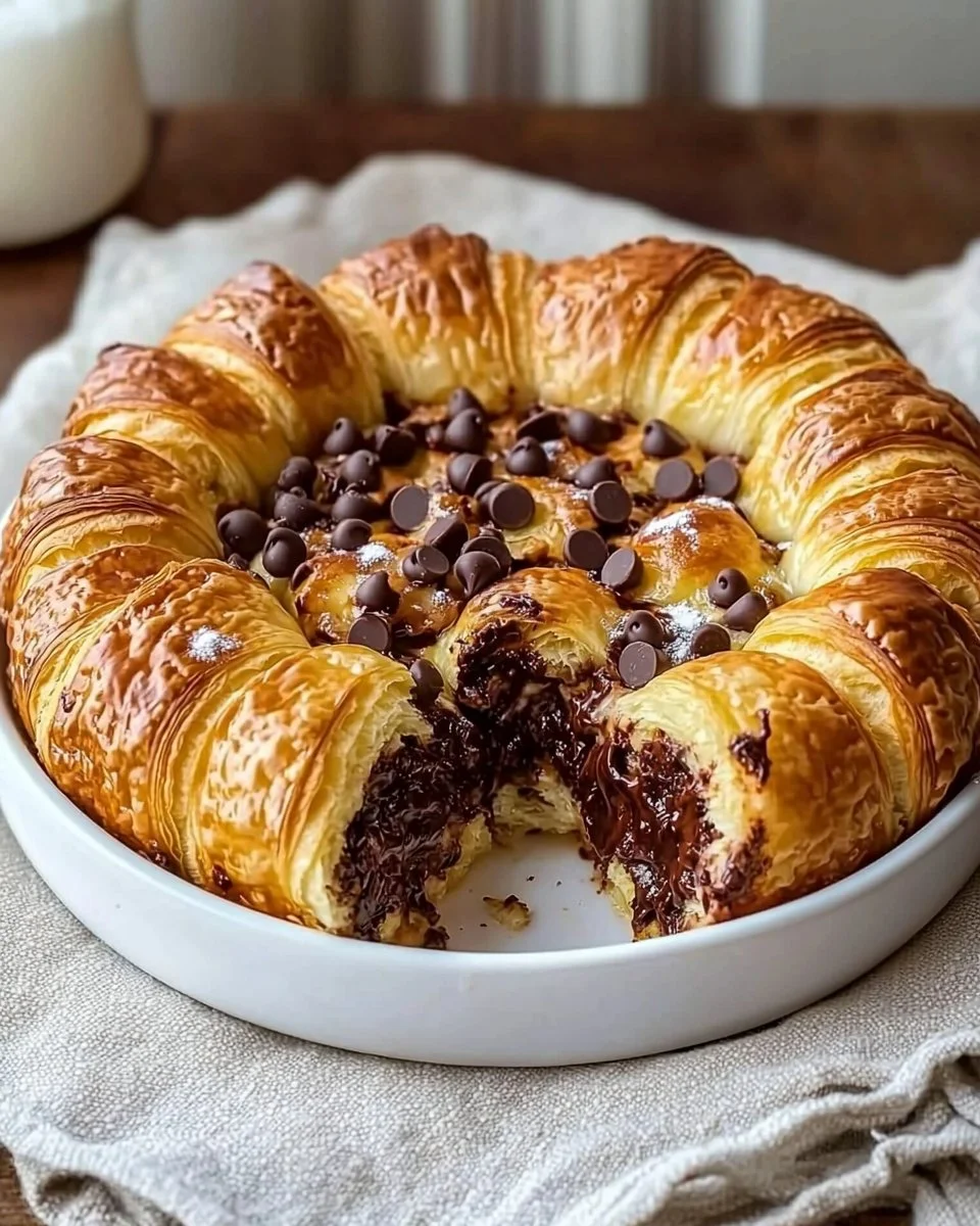 Chocolate croissant breakfast bake with melted chocolate and flaky pastry