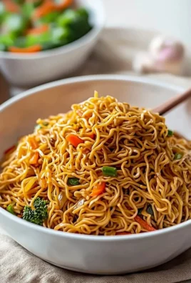 Plate of classic Chinese fried noodles with vegetables and sauce