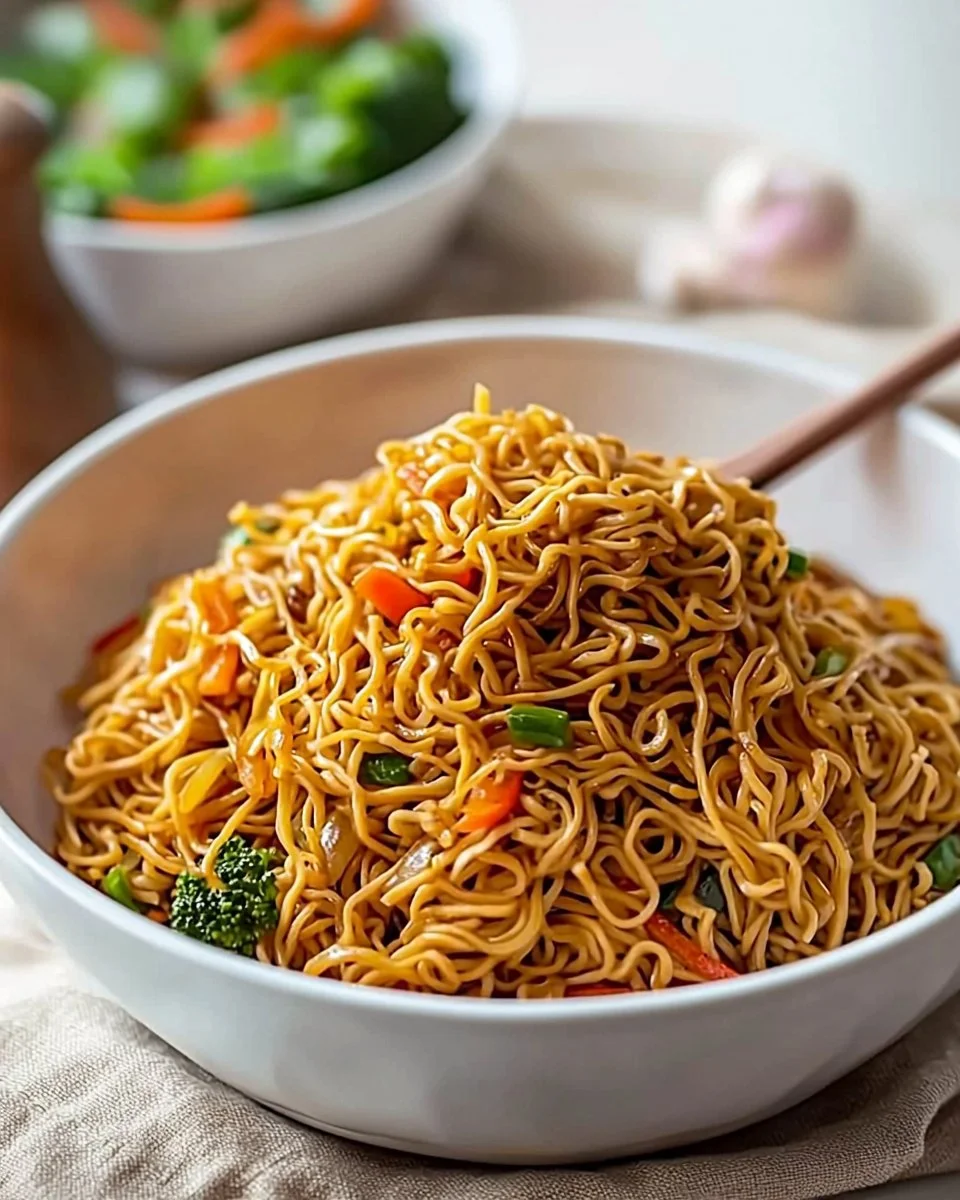 Plate of classic Chinese fried noodles with vegetables and sauce