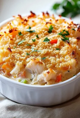 Delicious crab casserole topped with cheese and herbs in a baking dish