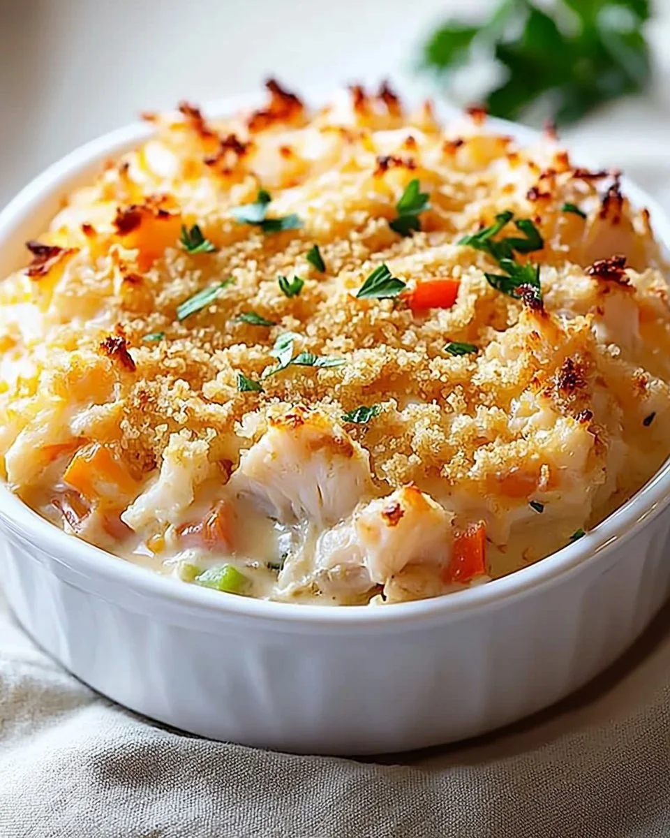 Delicious crab casserole topped with cheese and herbs in a baking dish
