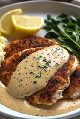 Creamy chicken schnitzel served with a delicious sauce on a plate
