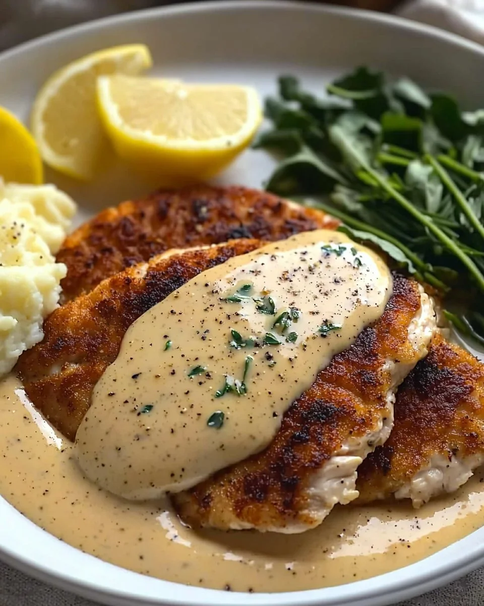 Creamy chicken schnitzel served with a delicious sauce on a plate