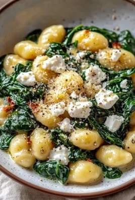 Creamy gnocchi with spinach and feta served in a white bowl