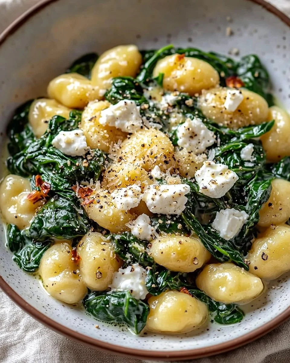 Creamy gnocchi with spinach and feta served in a white bowl