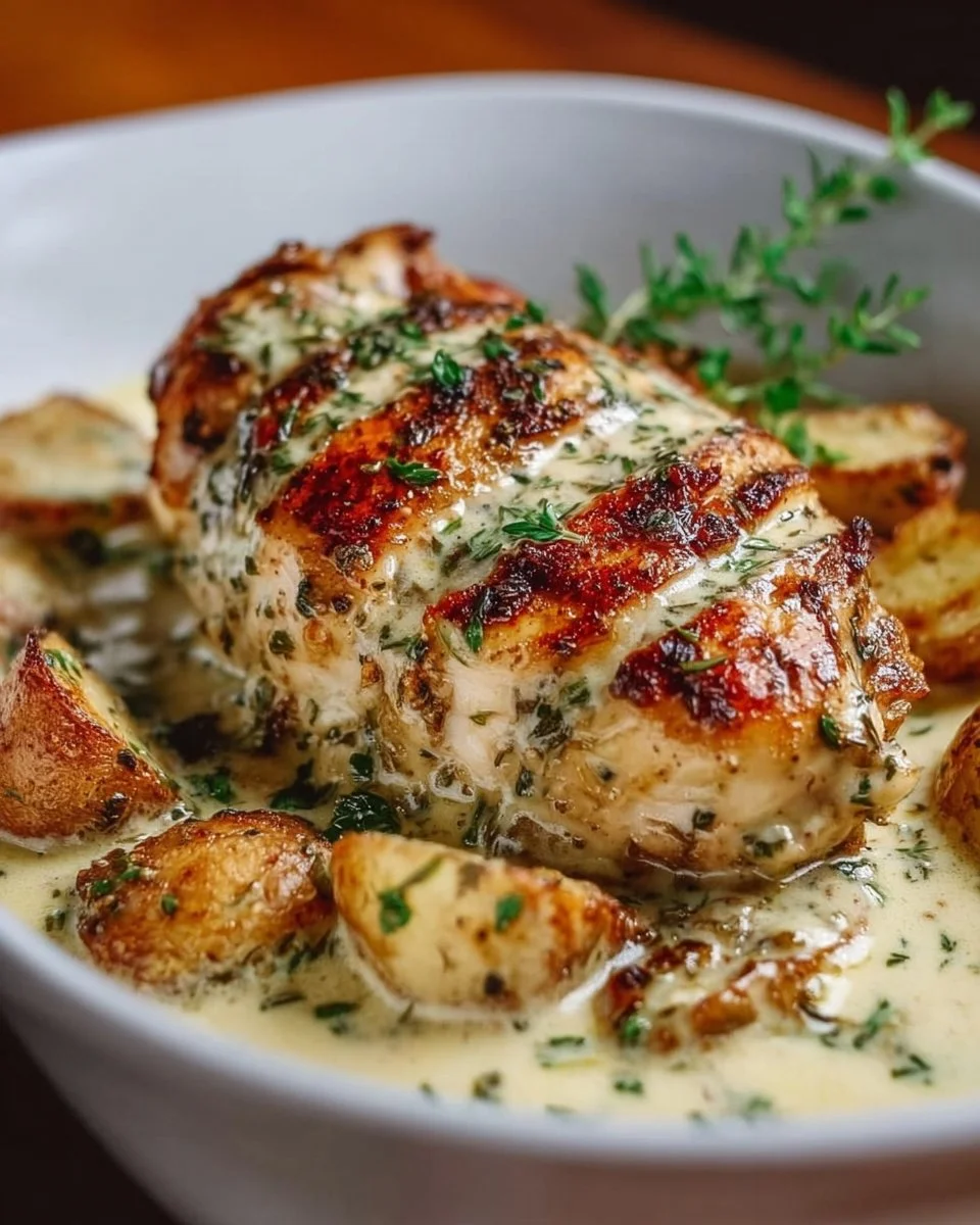 Creamy herb chicken dish garnished with fresh herbs
