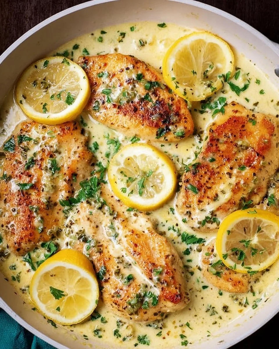 Creamy lemon chicken dish with vibrant lemon slices and herbs