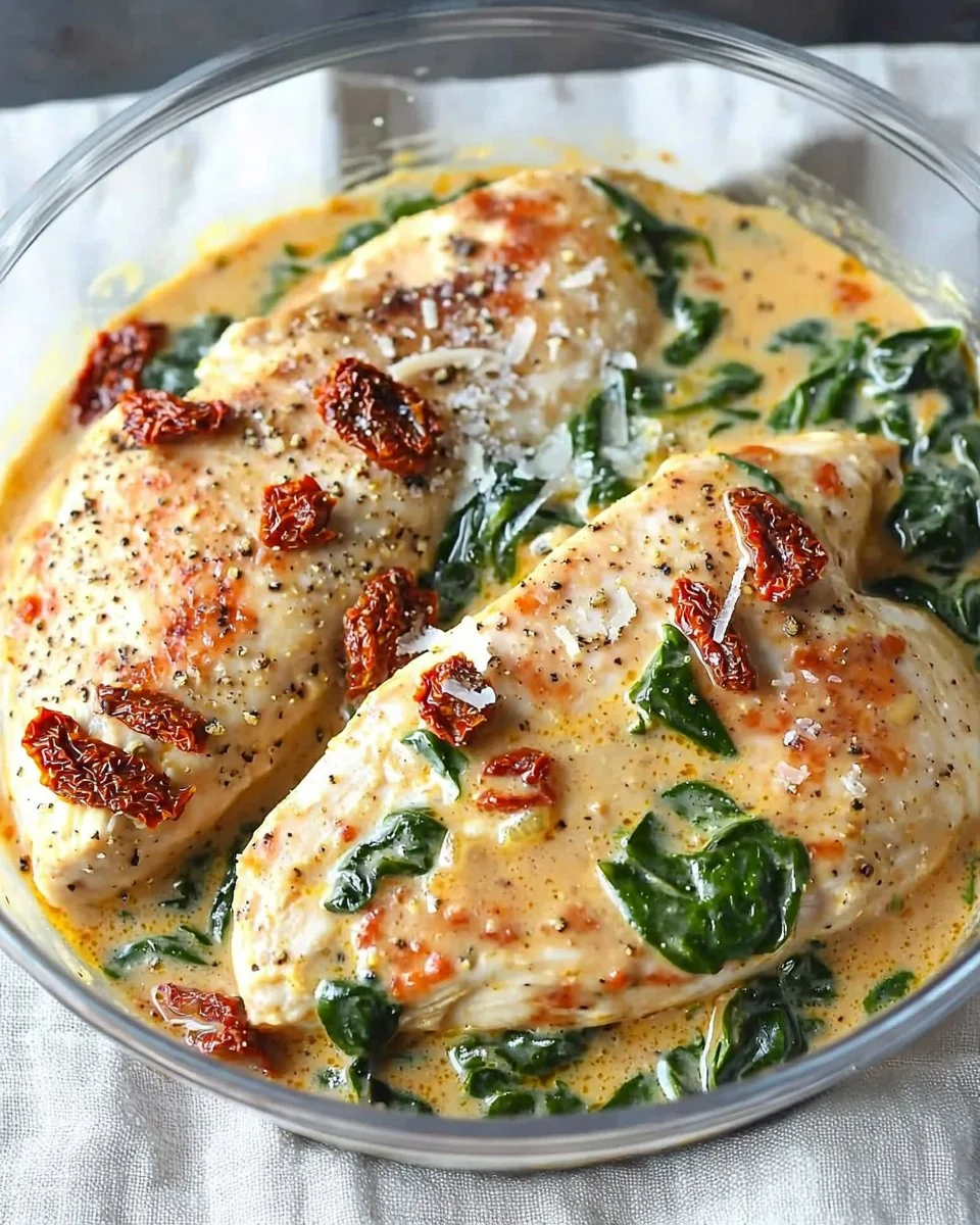 Creamy Tuscan chicken served with herbs and vegetables