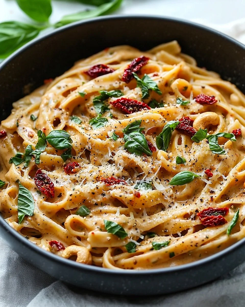 Creamy vegan sun-dried tomato pasta dish served in a bowl