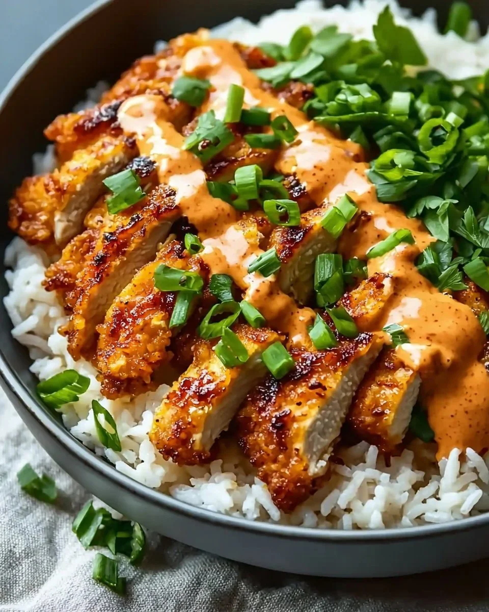 Crispy Chicken with Creamy Spicy Sauce over Jasmine Rice