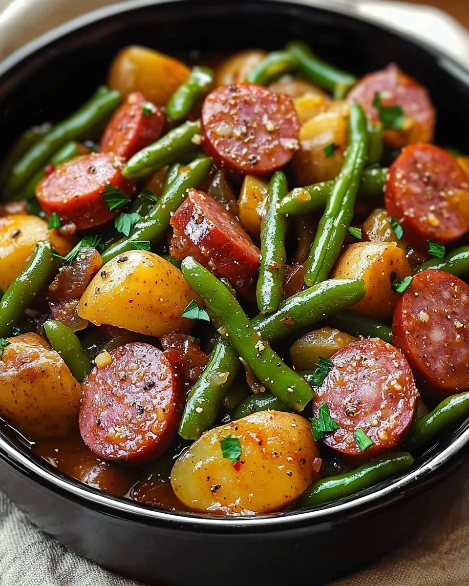 Crockpot Kielbasa with green beans dish ready to serve