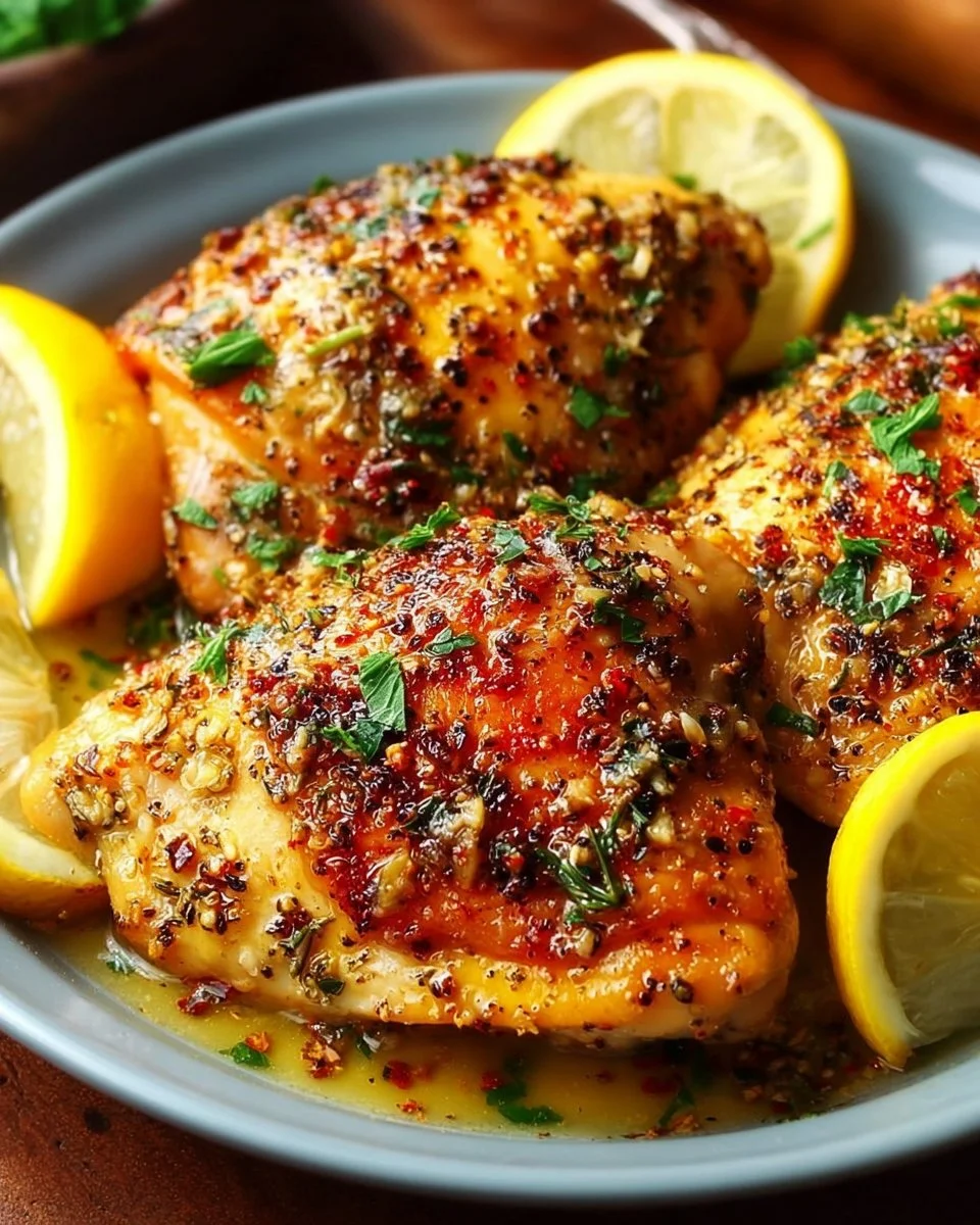 Crockpot Lemon Garlic Chicken garnished with herbs and served on a plate