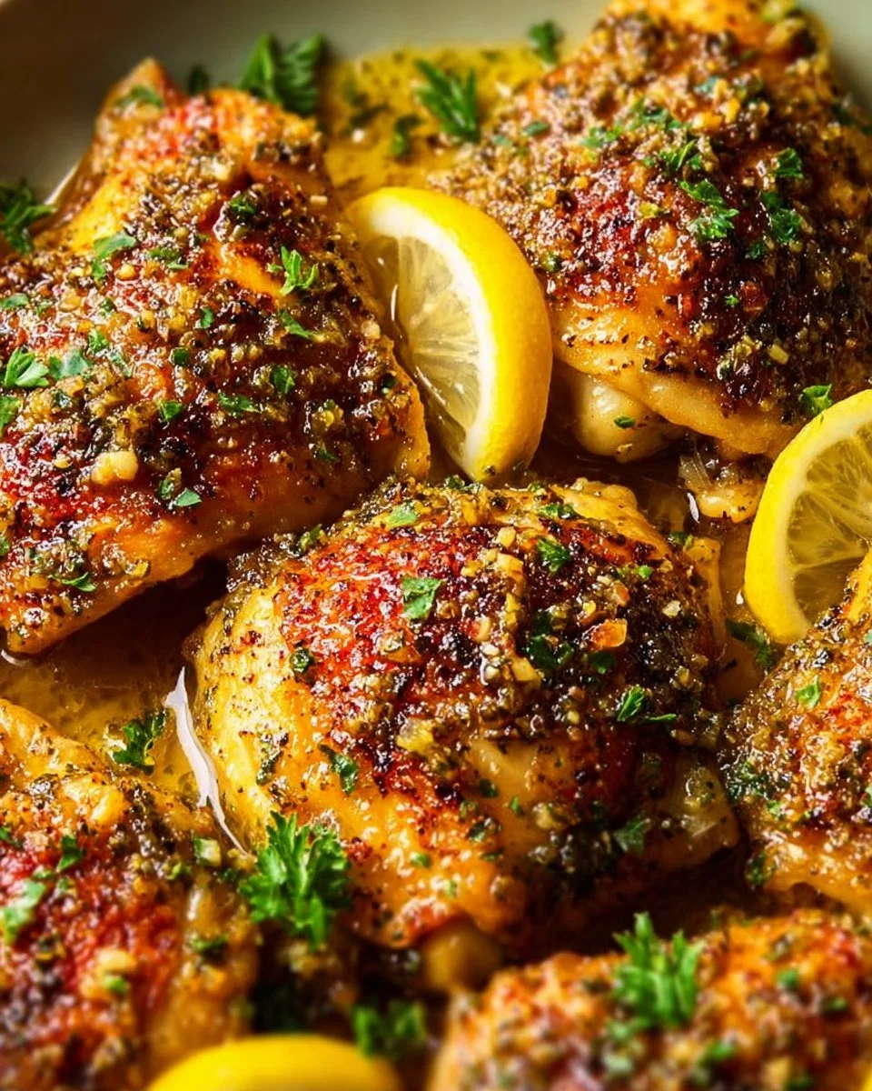 Crockpot lemon garlic chicken served with herbs and lemon slices
