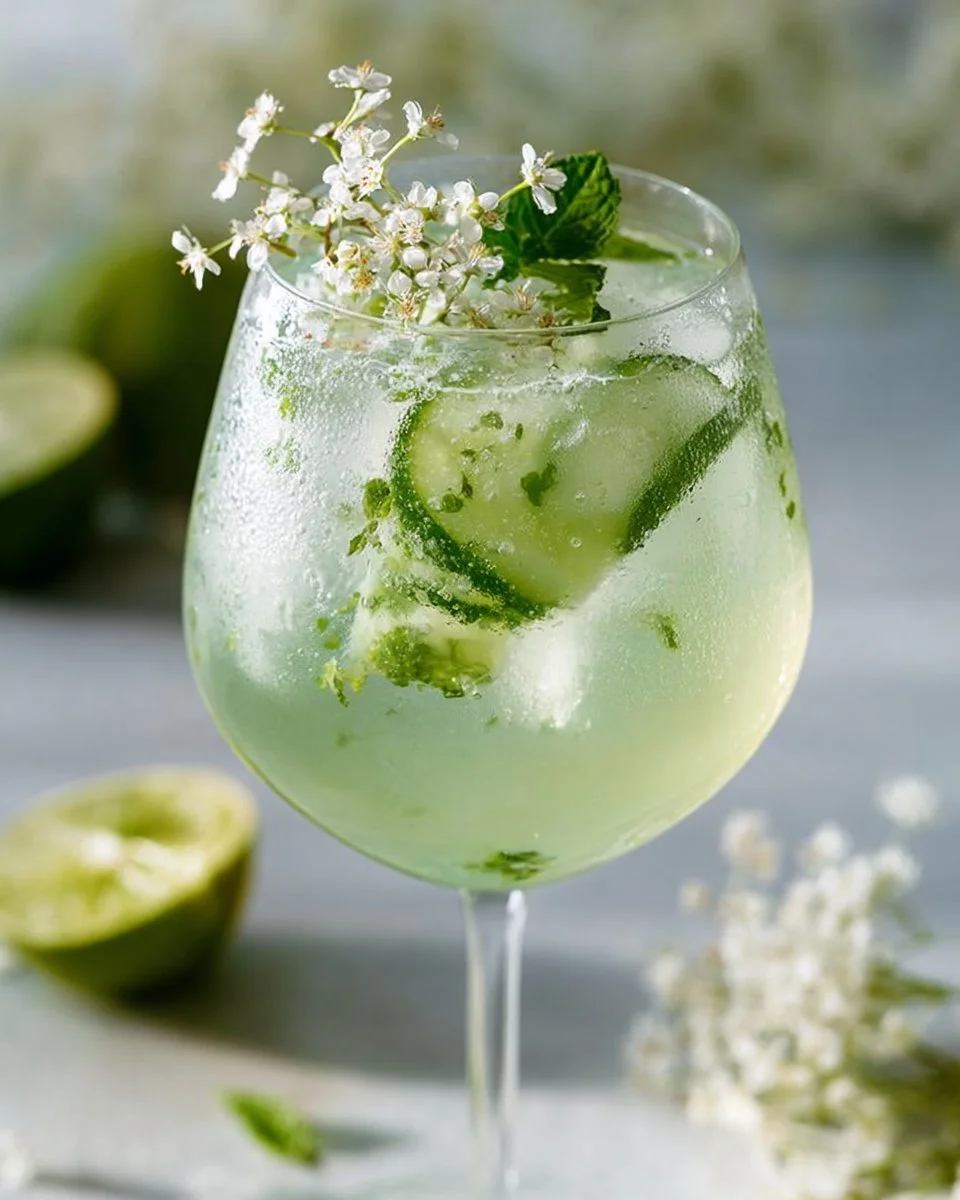 Cucumber Elderflower Spritz mocktail in a glass with fresh cucumber slices