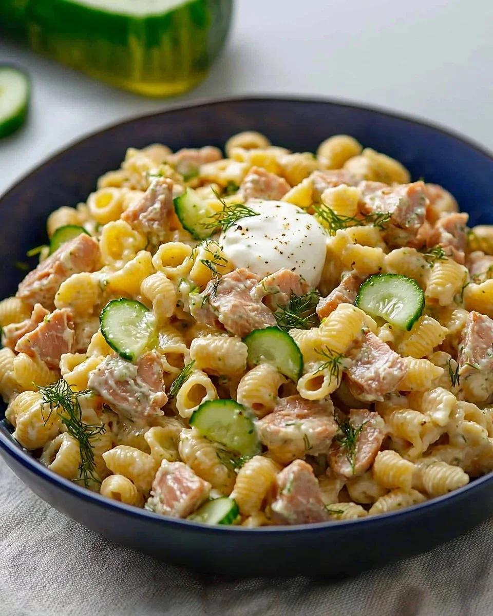Dill Pickle Tuna Pasta Salad in a bowl with fresh herbs and vegetables