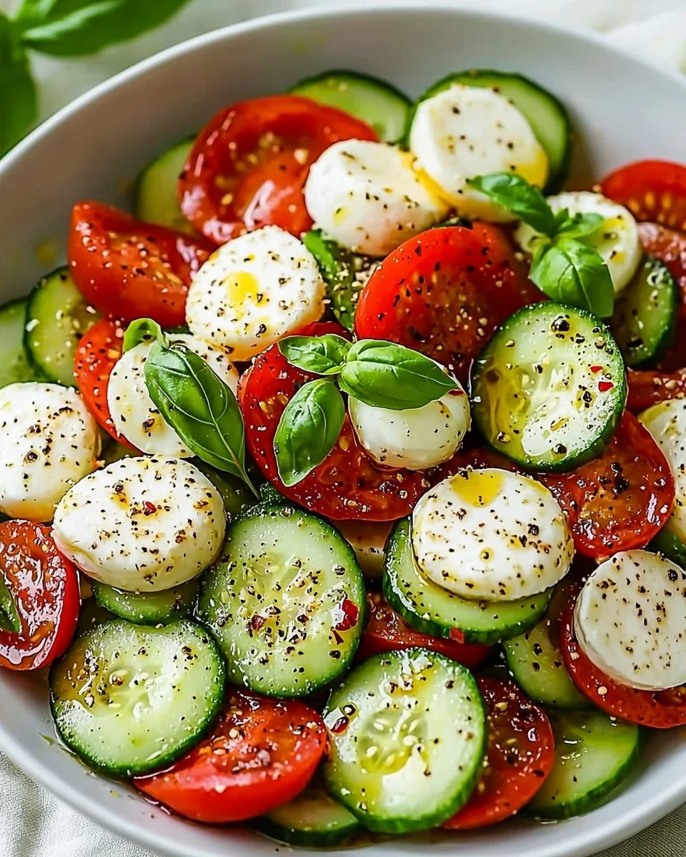 Fresh Easy Cucumber Caprese Salad with tomatoes, mozzarella, and basil
