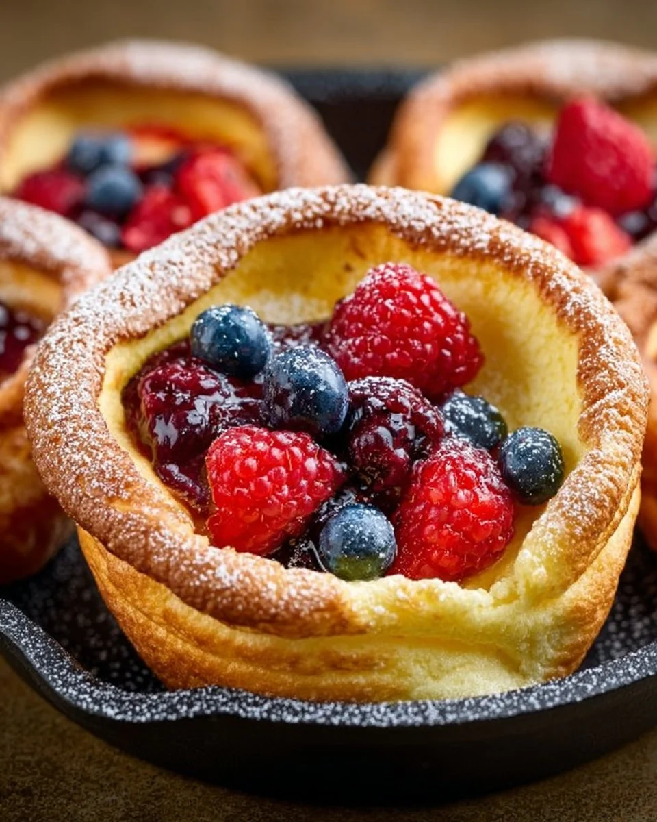Mini Dutch baby pancakes topped with fresh fruit and powdered sugar