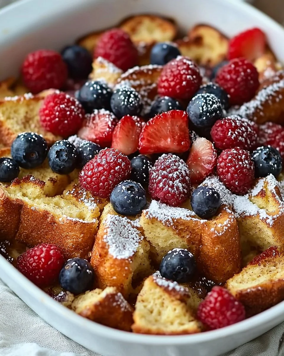 Delicious French Toast Casserole served with syrup and berries