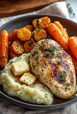 Garlic Herb Chicken served with mashed potatoes and glazed carrots on a plate.