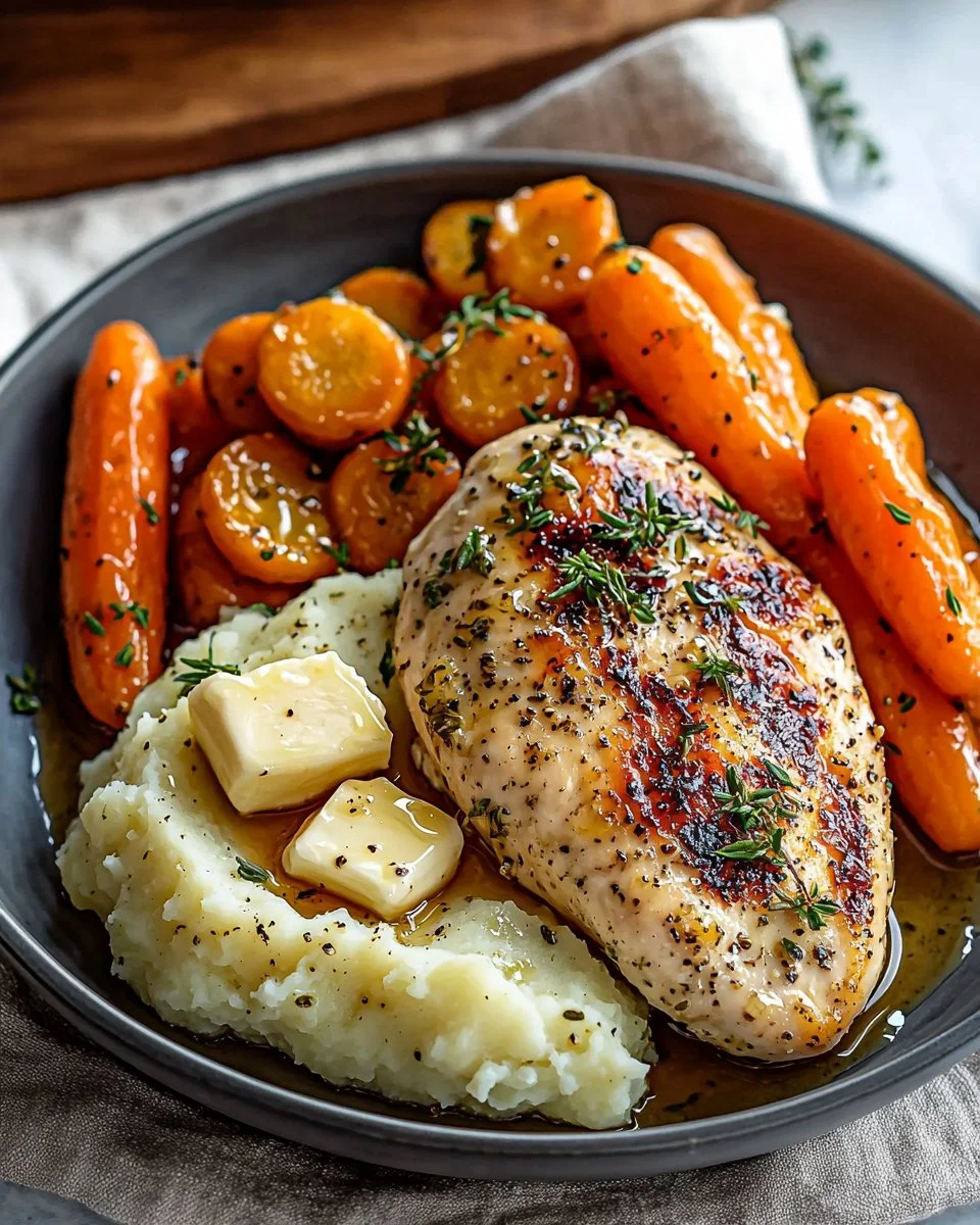 Garlic Herb Chicken served with mashed potatoes and glazed carrots on a plate.