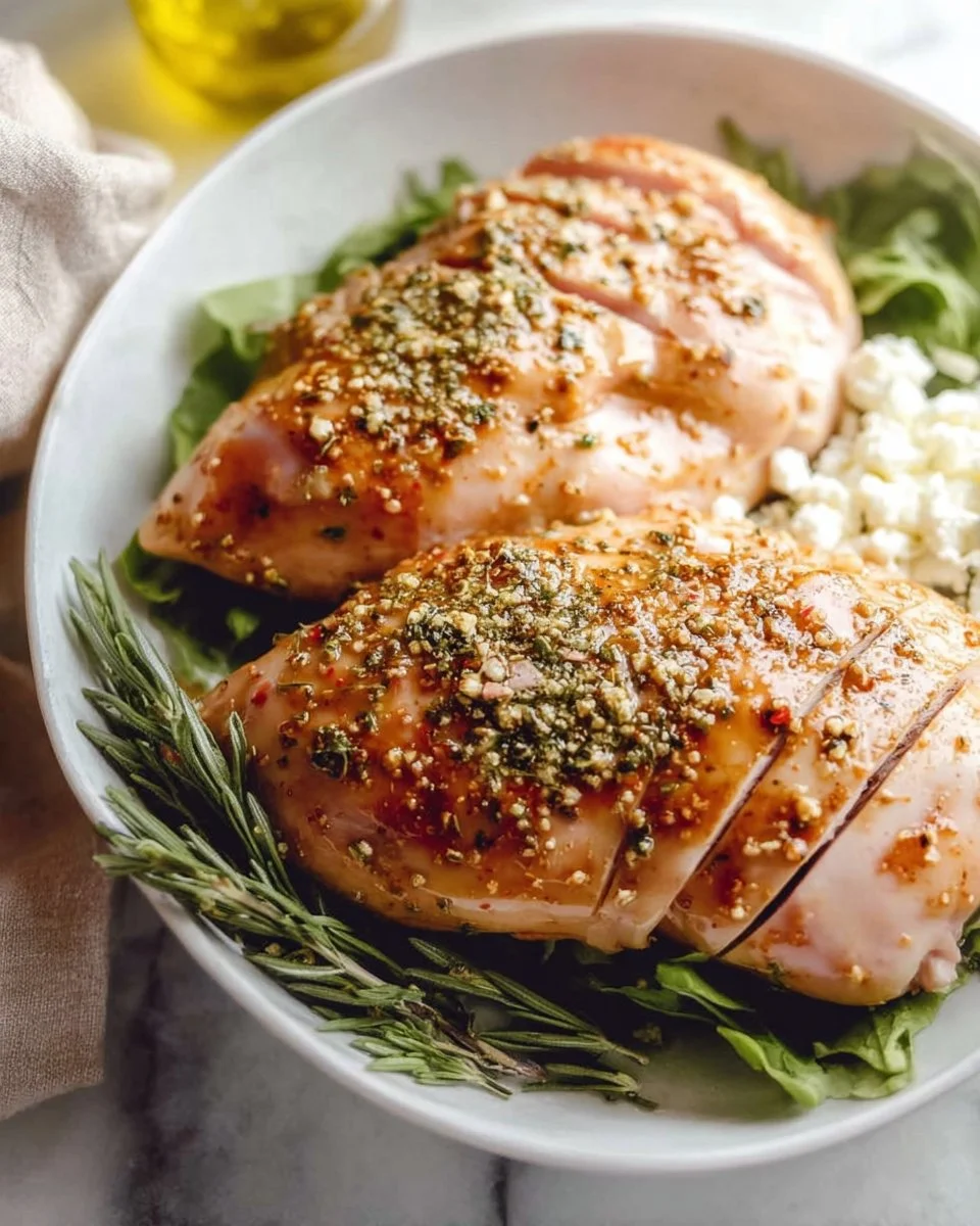 Marinated Greek chicken ready for grilling with herbs and spices