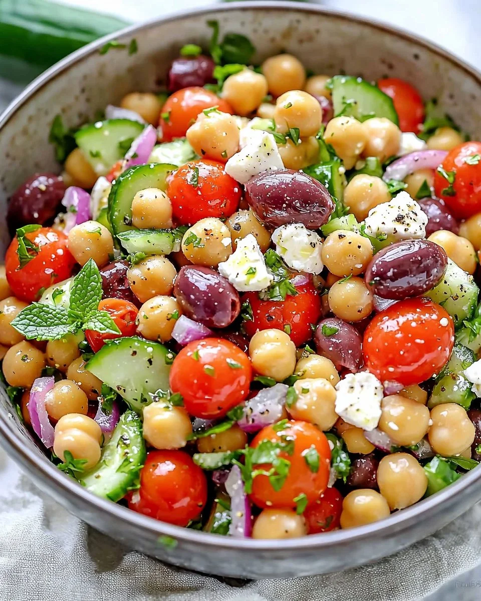 Delicious Greek Chickpea Salad with fresh vegetables and herbs