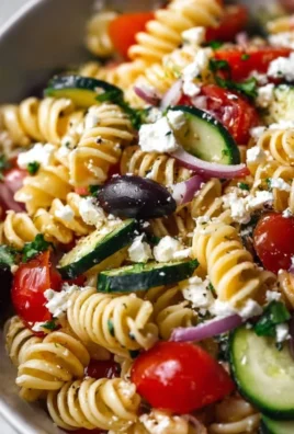 Colorful Greek pasta salad with olives, feta, and cherry tomatoes on a plate.