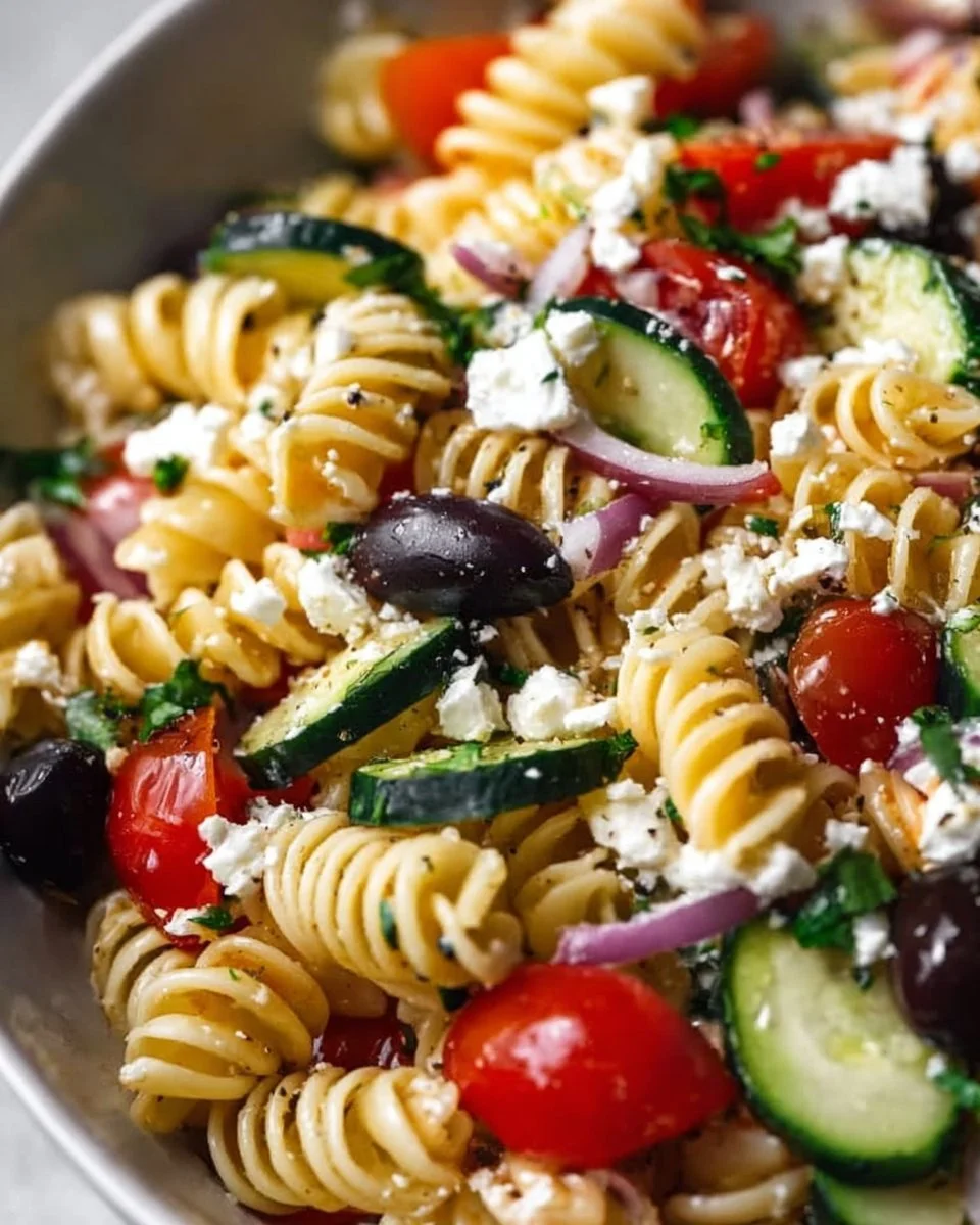 Colorful Greek pasta salad with olives, feta, and cherry tomatoes on a plate.