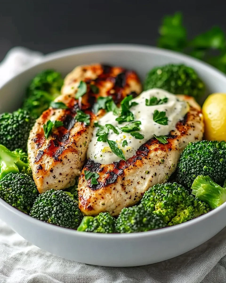 Healthy grilled chicken bowls with broccoli and creamy garlic sauce