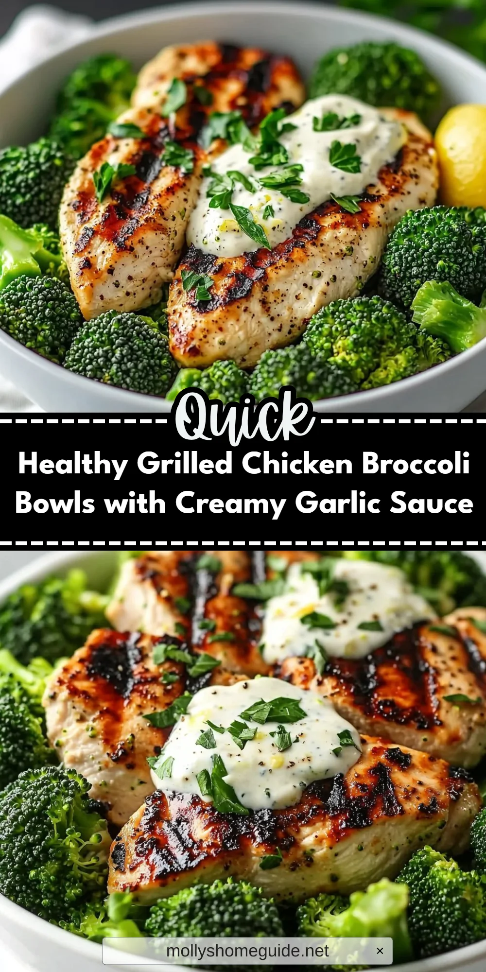 Healthy Grilled Chicken Broccoli Bowls with Creamy Garlic Sauce