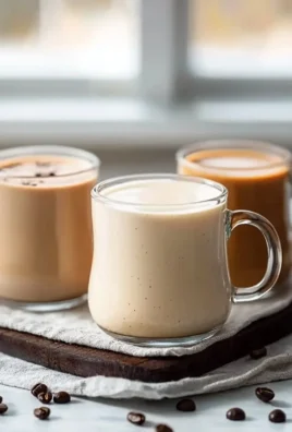 A variety of healthy homemade coffee creamers in glass jars on a wooden table.