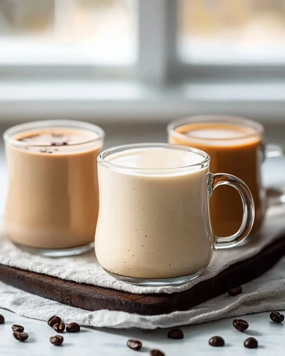 A variety of healthy homemade coffee creamers in glass jars on a wooden table.