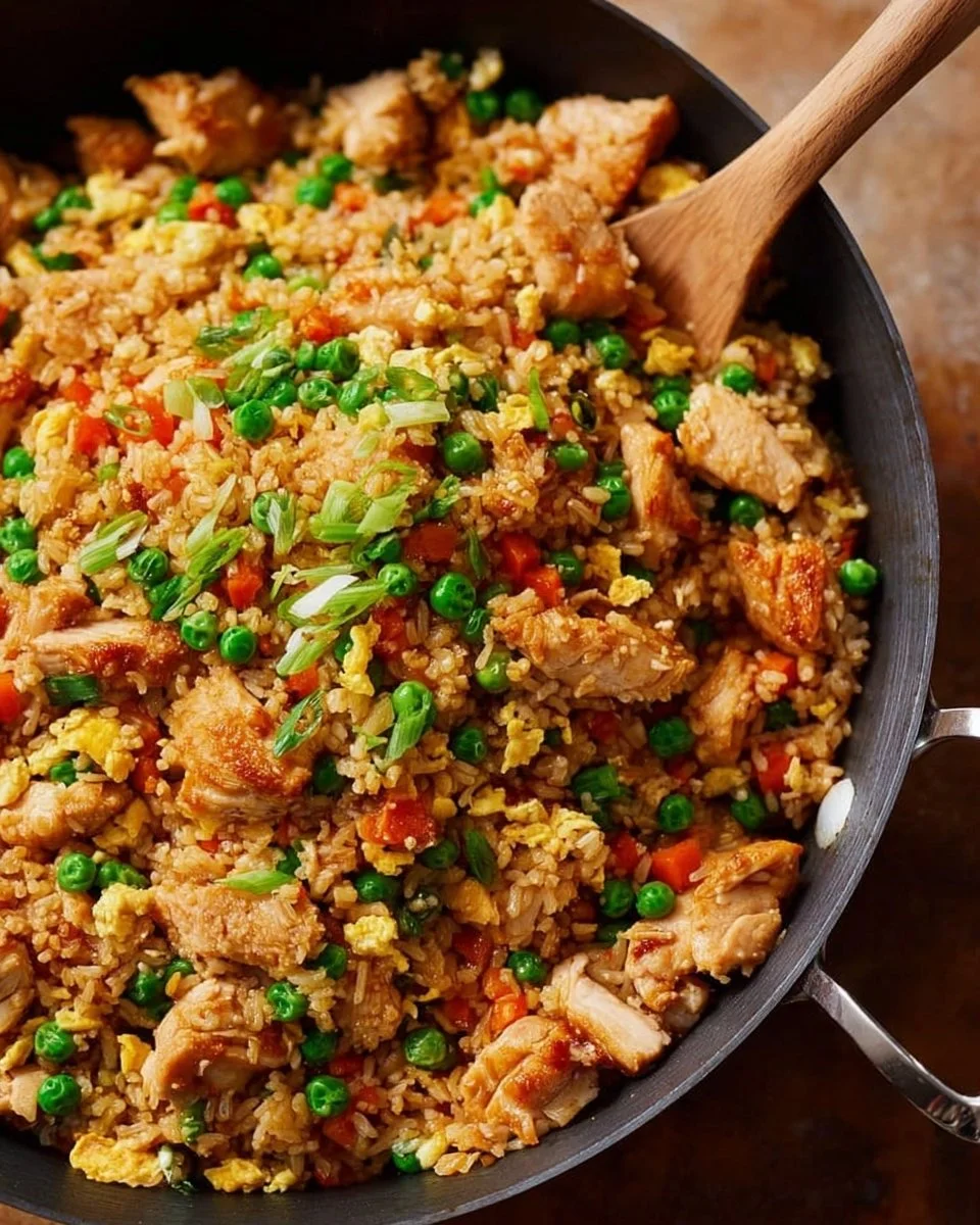 High Protein Chicken Fried Rice served in a bowl with colorful vegetables