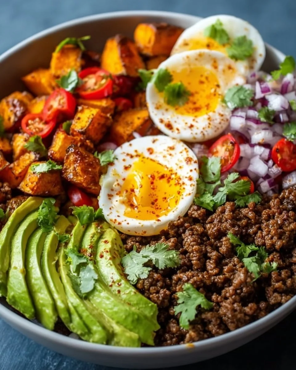 Delicious high protein ground beef power bowls with fresh vegetables and grains.