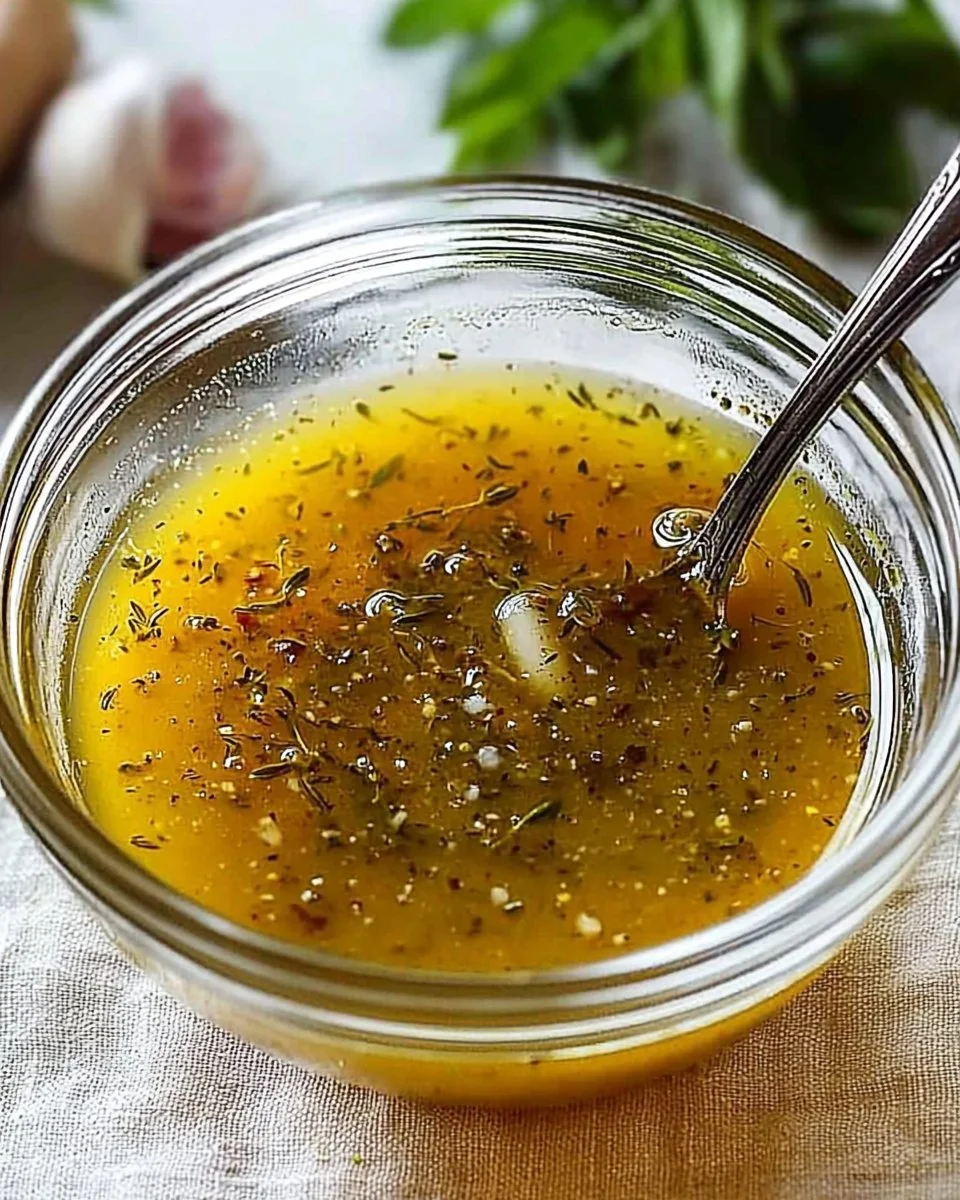 A bottle of homemade Italian dressing with fresh herbs and spices.