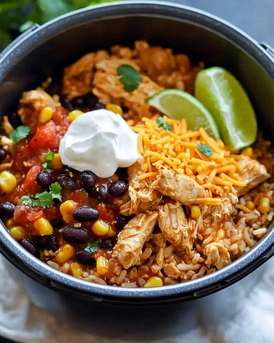 Instant Pot chicken burrito bowls with toppings and ingredients on a wooden table