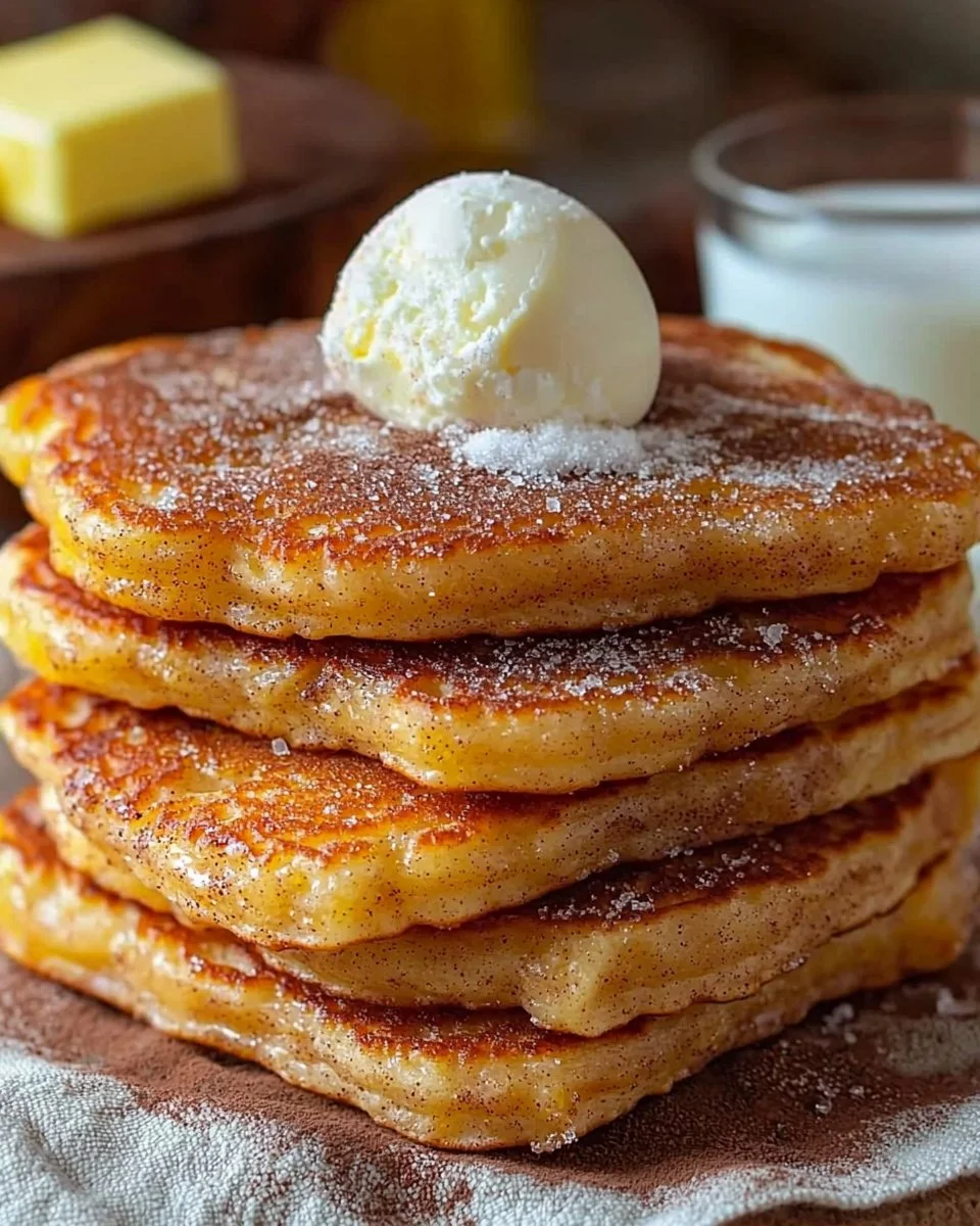 Delicious Spanish churro pancakes topped with chocolate sauce and cinnamon sugar.