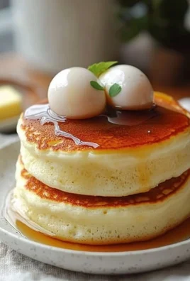 Delicious fluffy Japanese soufflé pancakes served with syrup and fruit