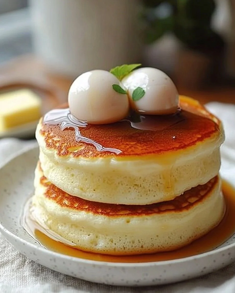 Delicious fluffy Japanese soufflé pancakes served with syrup and fruit