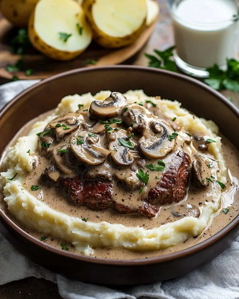 Juicy meat served with creamy mushroom sauce, showcasing rich flavors and textures.