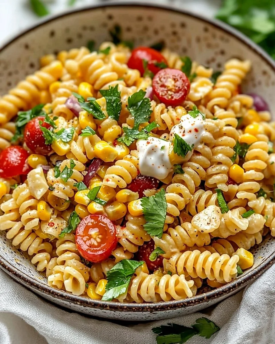 Juicy street corn pasta salad with vibrant ingredients and fresh flavors