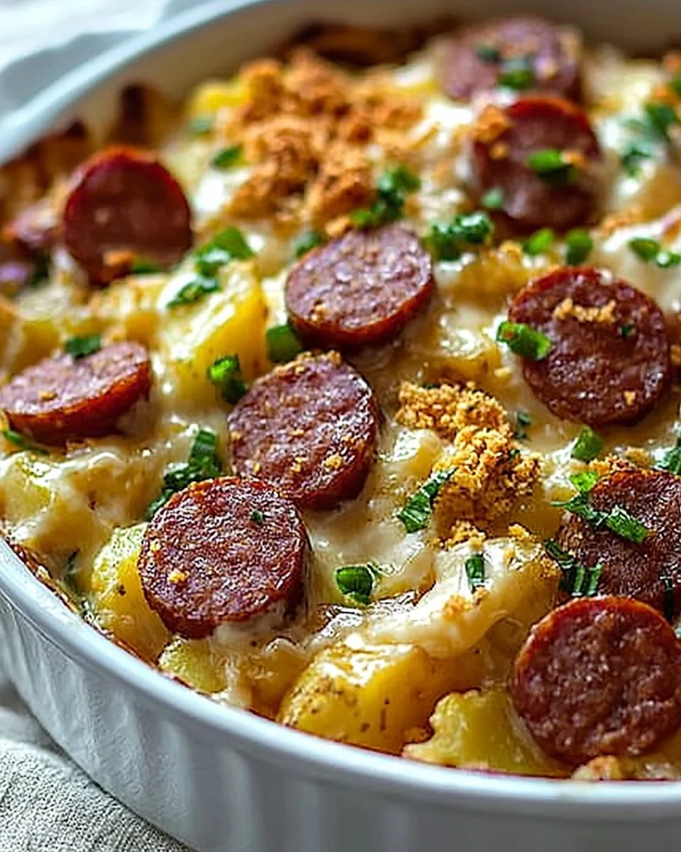 Delicious Kielbasa Sausage Cheesy Potato Casserole served in a dish