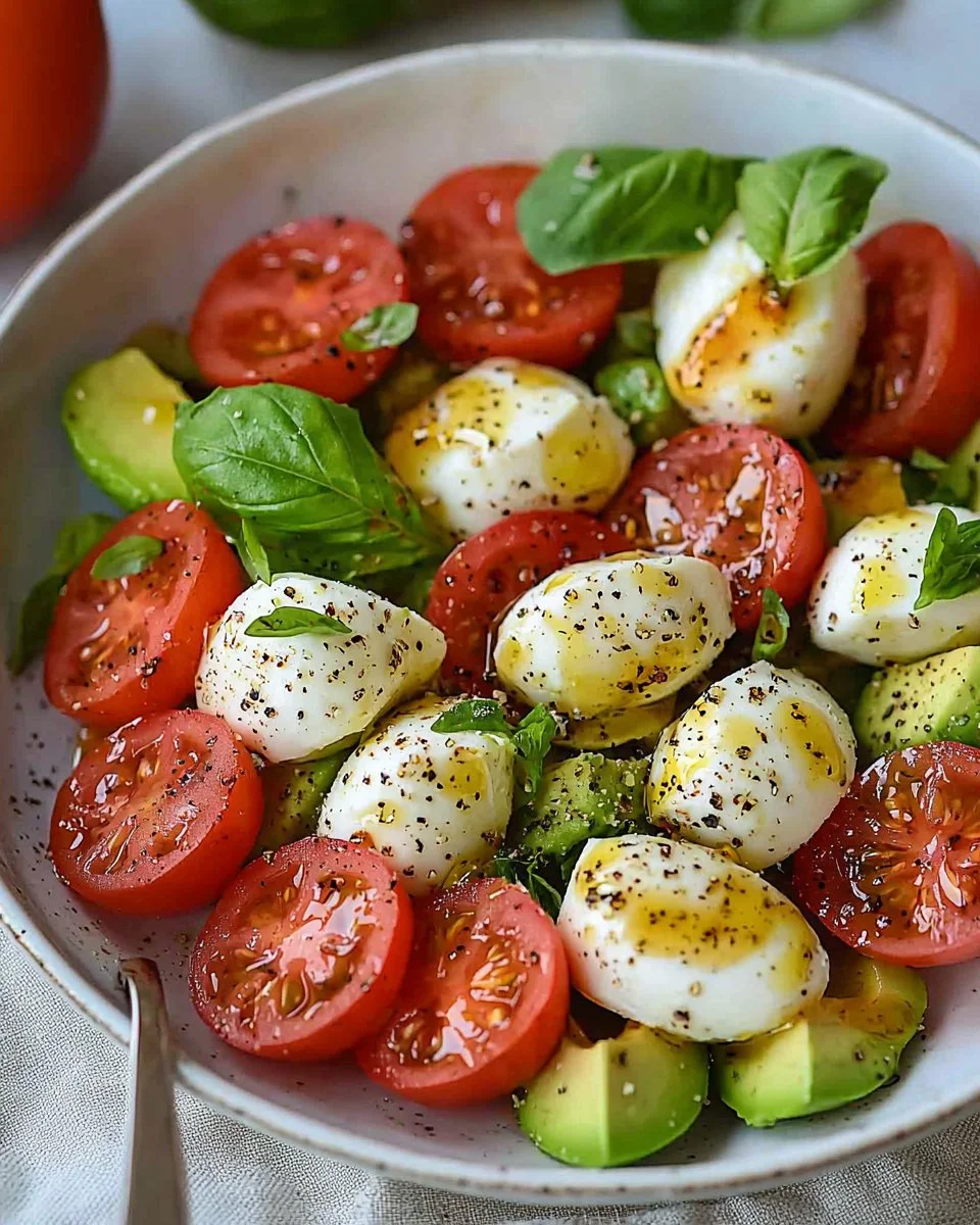 Light and colorful avocado caprese salad with tomatoes and mozzarella