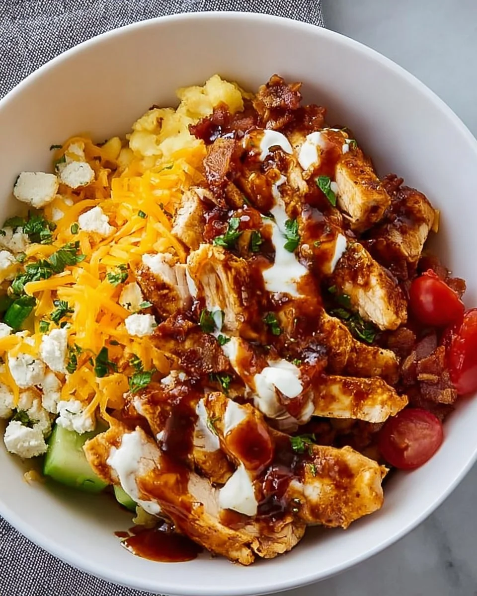 Macro friendly BBQ Ranch Chicken Bowl with grilled chicken and ranch dressing