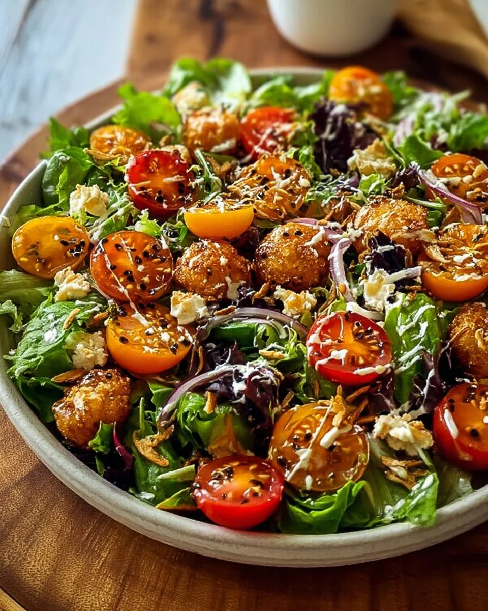 A bowl of Marry Me Salad featuring fresh greens, colorful ingredients, and a mouthwatering dressing.