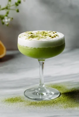 Matcha Gin Sour cocktail showcasing vibrant green color and garnished with lemon